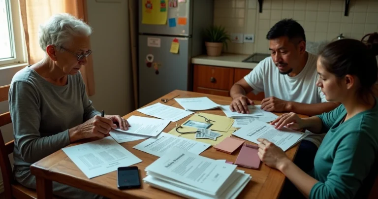 Familia humilde organizando documentos do benefício em mesa de cozinha