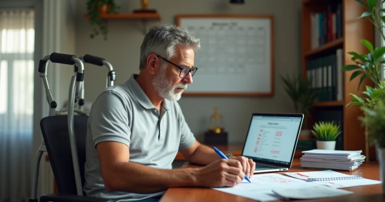 Trabalhador com muleta analisando documentos do INSS com calendário e notebook na mesa