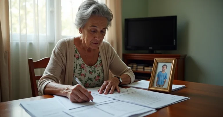 Mãe idosa com documentos do benefício olhando foto do filho sobre a mesa