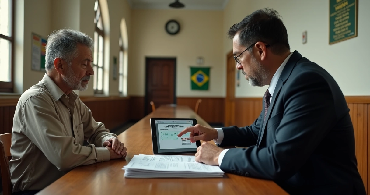 Pessoa em sala de audiência com advogado analisando processo contra demora do INSS