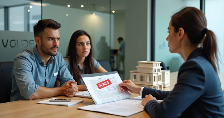 Casal em frente a gerente bancária analisando recusa de crédito imobiliário