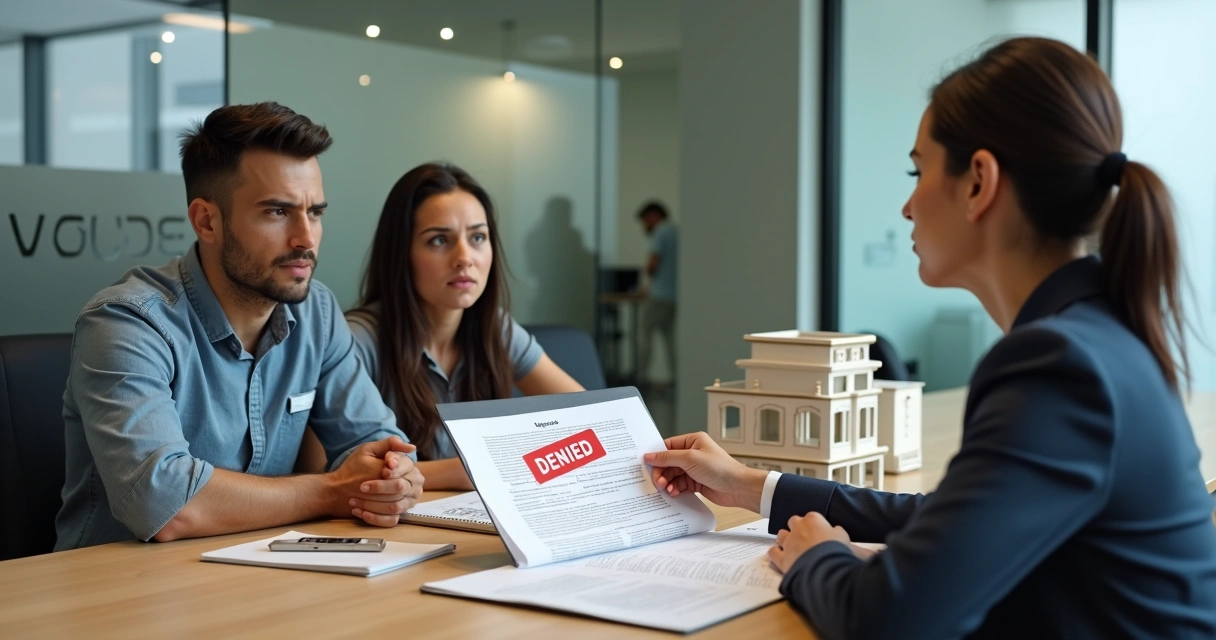 Casal em frente a gerente bancária analisando recusa de crédito imobiliário