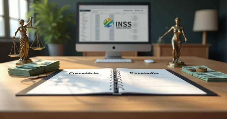 Mesa com símbolo da justiça, dinheiro e formulários de precatório e RPV