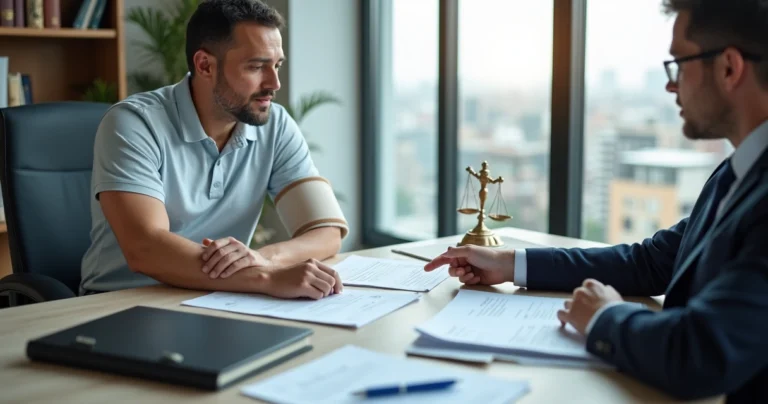 Trabalhador com braço imobilizado conversando com advogado sobre documentos do benefício