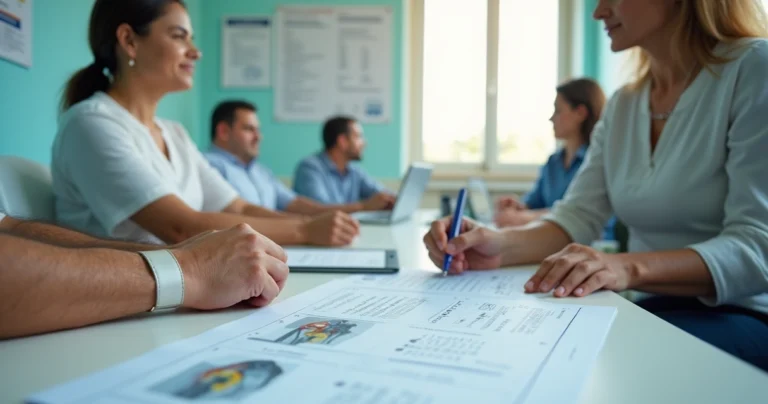 Pessoa com artrite reumatoide em consulta analisando laudos ao lado de advogada previdenciária