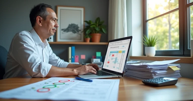 Profissional organizando contribuições atrasadas do INSS em mesa com laptop e calendário