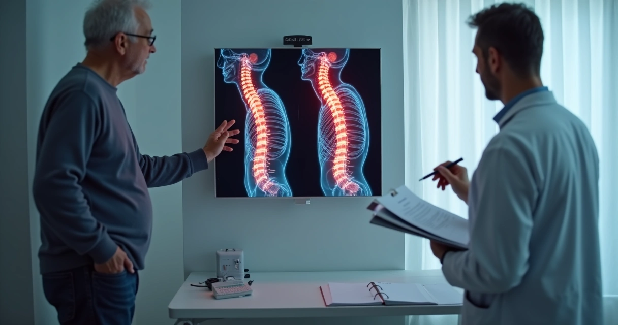 Pessoa fazendo exame de coluna em clínica com médico analisando imagens na tela