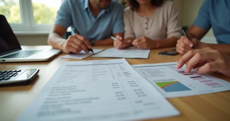 Família analisando fatura de plano de saúde em mesa com calculadora e contrato
