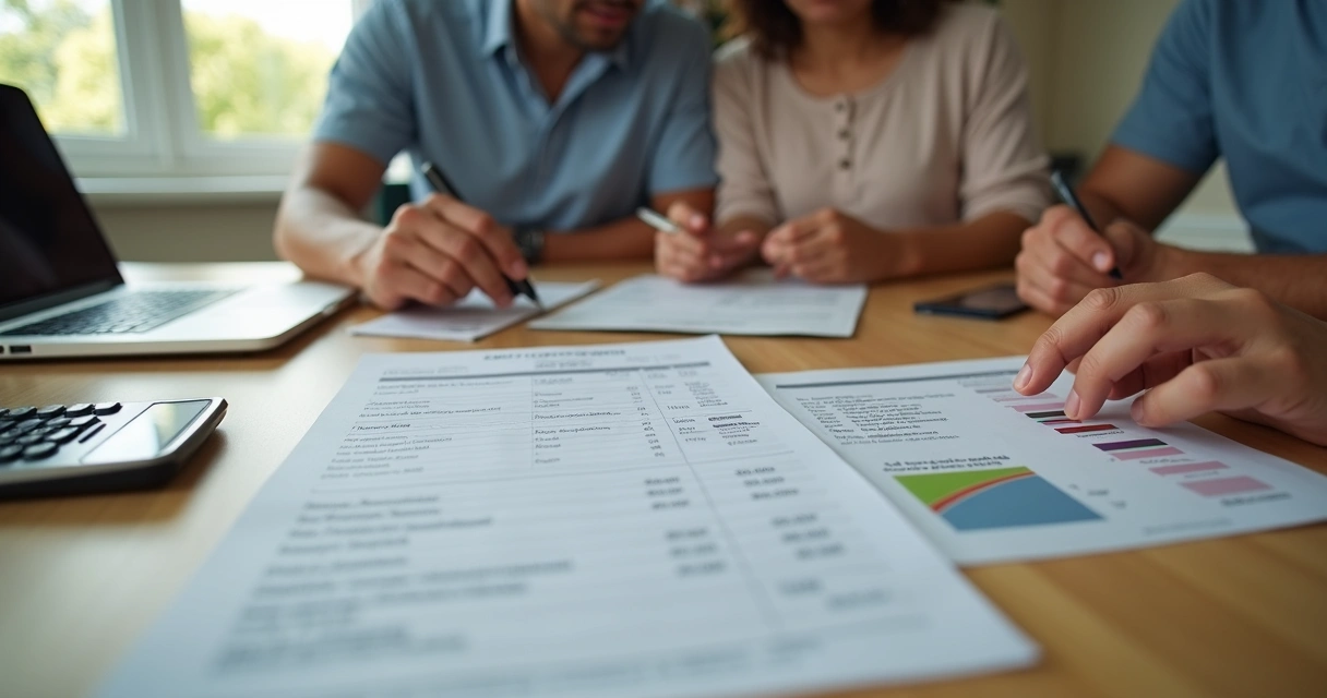 Família analisando fatura de plano de saúde em mesa com calculadora e contrato