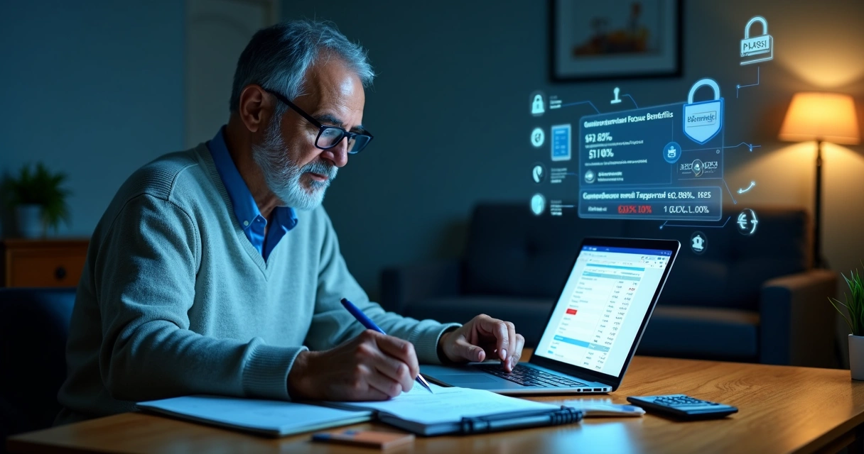 Idoso conferindo extrato de benefício do INSS em tablet diante de portal digital