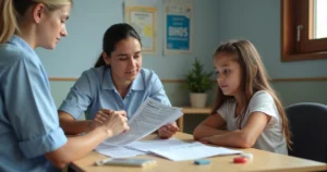 Mãe com filha com paralisia facial em mesa com documentos do BPC