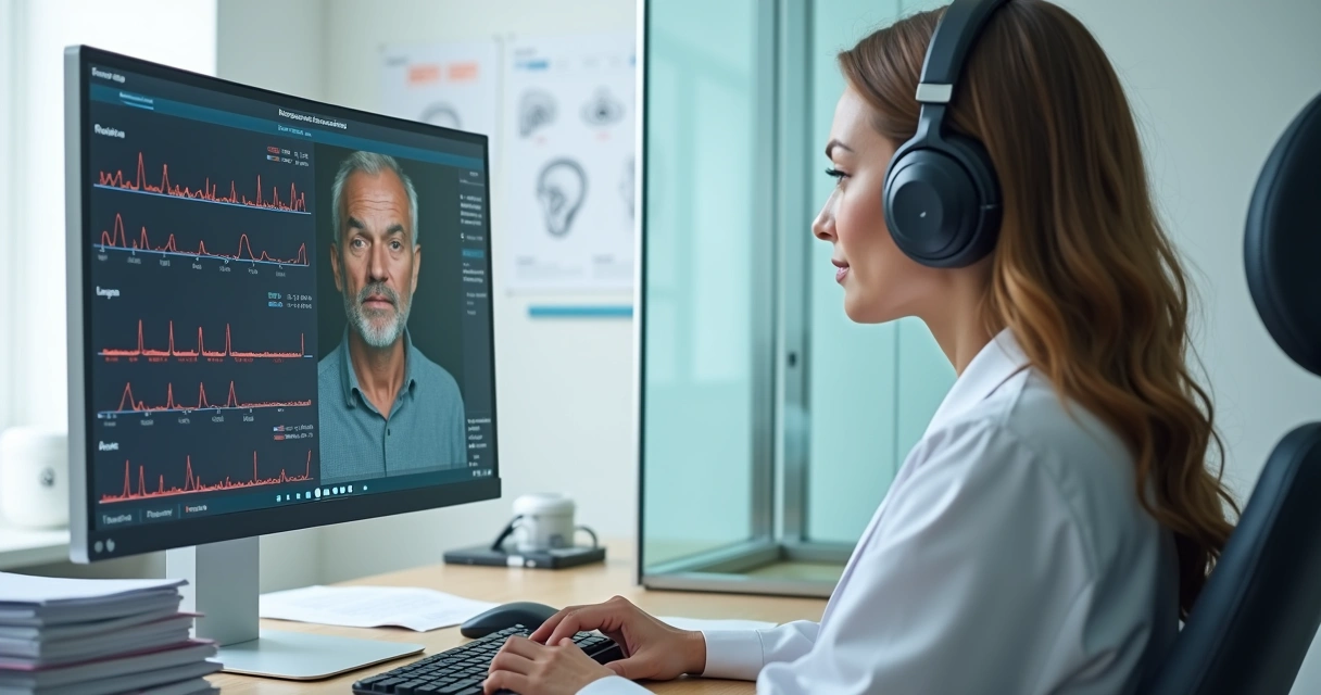 Médica realizando exame de audiometria em paciente em cabine acústica