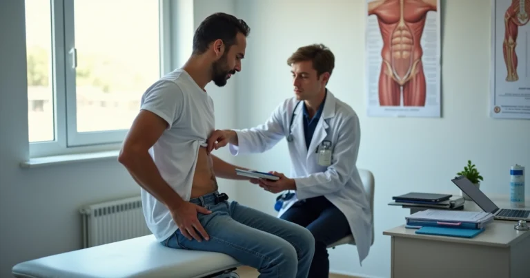 Trabalhador sentado mostra região inguinal ao médico em consultório clínico