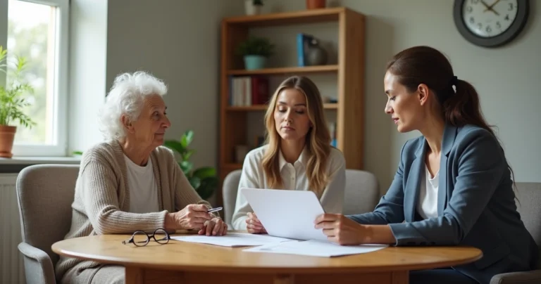 Advogado orienta cuidadora e idosa com Alzheimer sobre documentos de aposentadoria