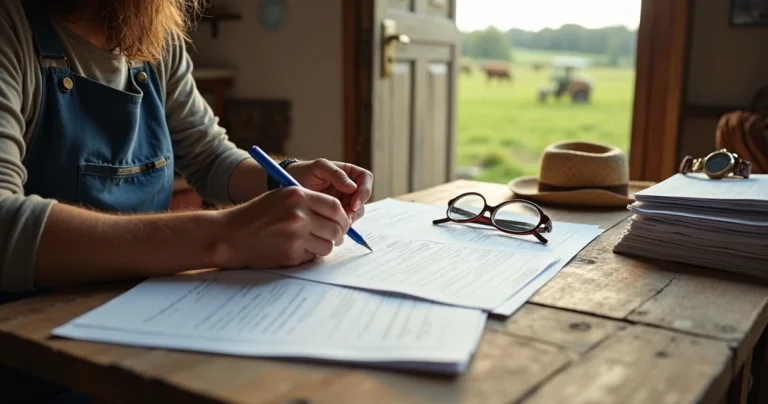 Trabalhador rural preenchendo formulário de autodeclaração rural em mesa de madeira simples