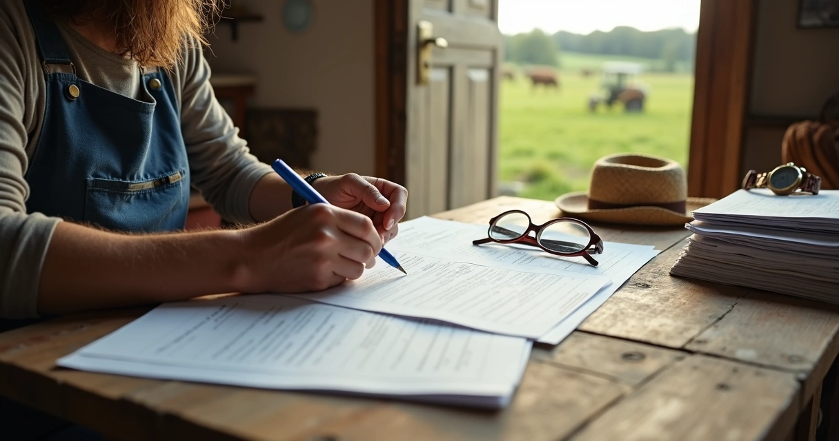 Trabalhador rural preenchendo formulário de autodeclaração rural em mesa de madeira simples