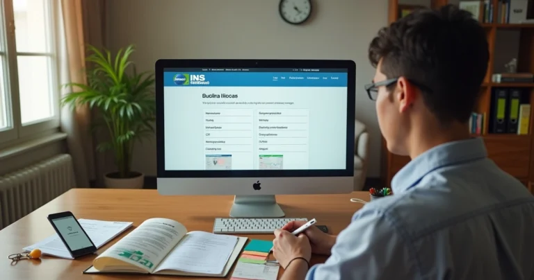 Segurado atualizando cadastro do INSS em computador com documentos sobre a mesa