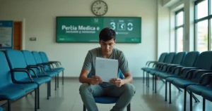 Jovem sentado em sala de espera verificando carta de alta programada