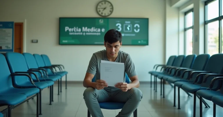 Jovem sentado em sala de espera verificando carta de alta programada