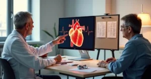 Cardiologista explicando exame do coração para paciente em consultório
