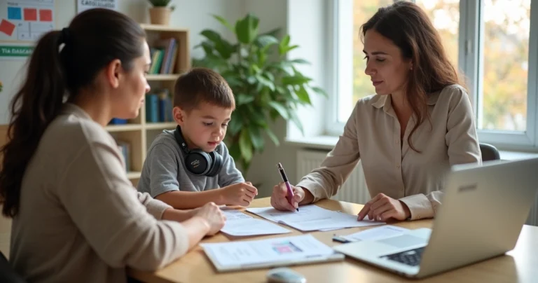 Mãe e jovem autista conversando com assistente social sobre documentos do BPC em ambiente tranquilo