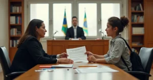 Juíza entrega documento de guarda judicial a responsável com criança ao lado em sala de audiência