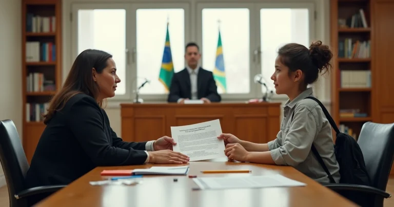 Juíza entrega documento de guarda judicial a responsável com criança ao lado em sala de audiência
