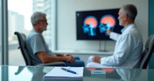 Neurologista mostrando exame de cérebro com áreas afetadas por AVC para paciente em consultório