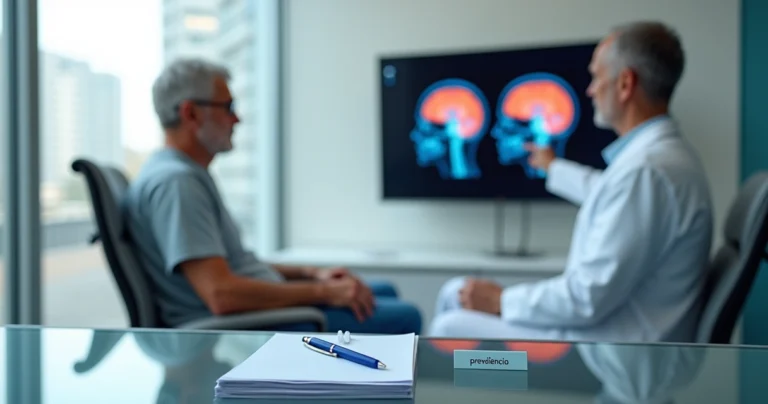 Neurologista mostrando exame de cérebro com áreas afetadas por AVC para paciente em consultório