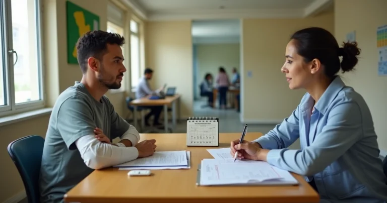 Segurado com braço imobilizado conversando com perita do INSS só usando documentos sobre mesa