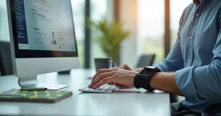 Trabalhador em escritório com dor no punho olhando para o computador