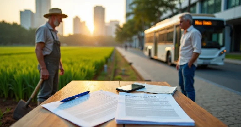 Trabalhador rural e urbano analisando documentos de aposentadoria no campo e na cidade