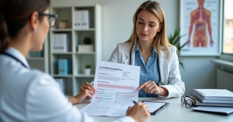 Pessoa analisando laudo de doença autoimune com médica em consultório