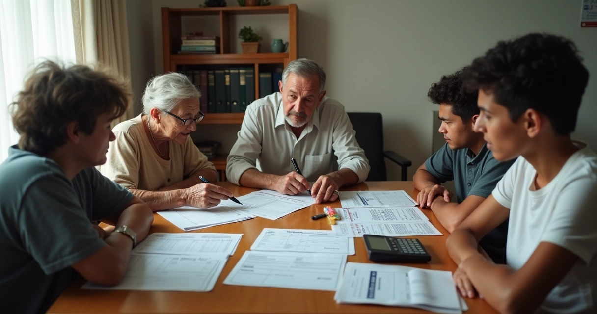 Família brasileira organizando documentos do Cadastro Único sobre a mesa
