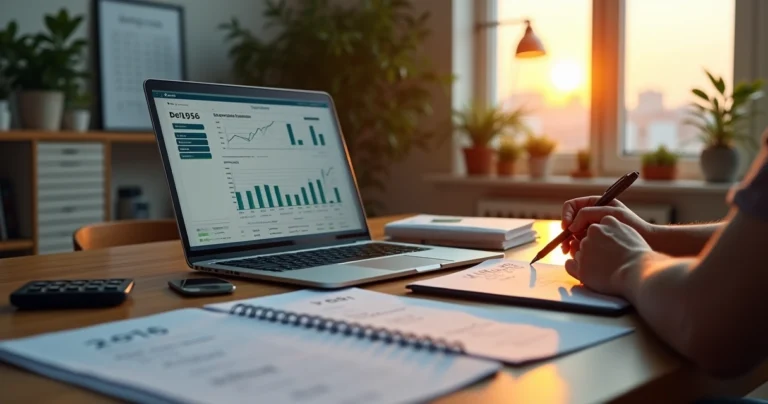 Empreendedor MEI planejando aposentadoria em escritório moderno com gráficos financeiros
