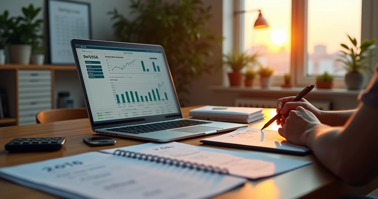 Empreendedor MEI planejando aposentadoria em escritório moderno com gráficos financeiros