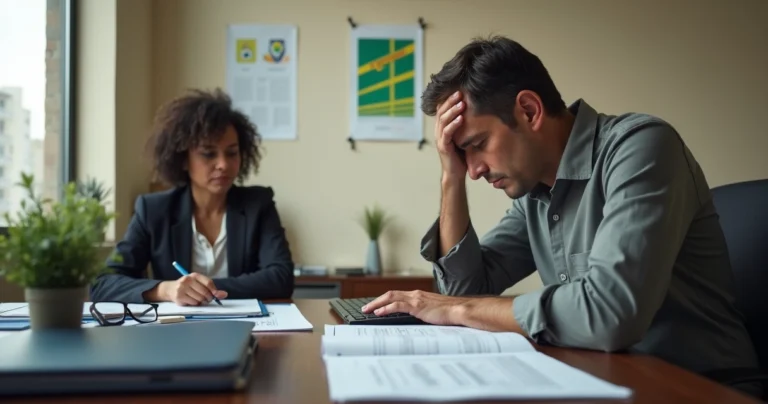 Trabalhador em escritório mostrando problemas de saúde mental para perícia do INSS