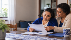 Mulher com deficiência e familiar analisam documentos sobre benefícios sociais em casa