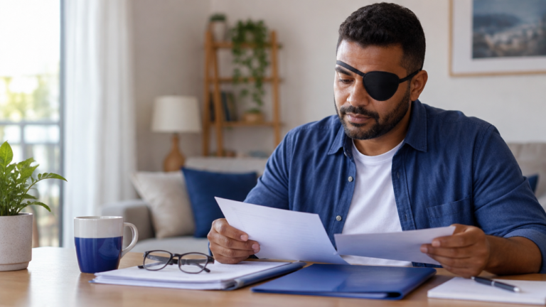 Pessoa com visão monocular organizando documentos em casa para buscar informações sobre o BPC
