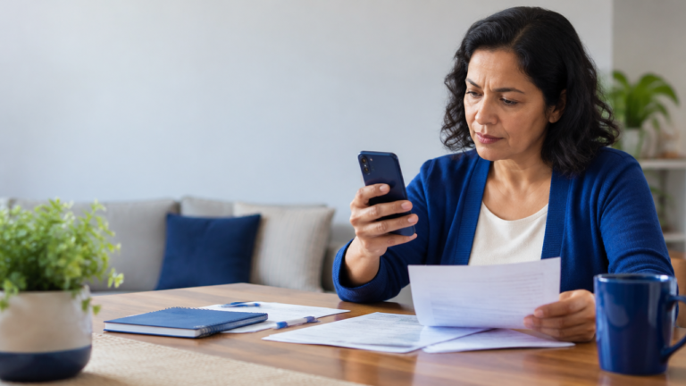 Pessoa confere com cautela no celular informações e documentos para evitar fraude ao solicitar benefício previdenciário