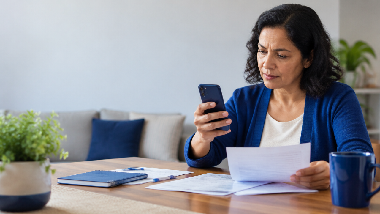 Pessoa confere com cautela no celular informações e documentos para evitar fraude ao solicitar benefício previdenciário