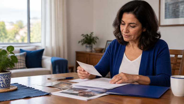 Pessoa organiza documentos e fotografias para comprovar uma união estável após o falecimento do companheiro.