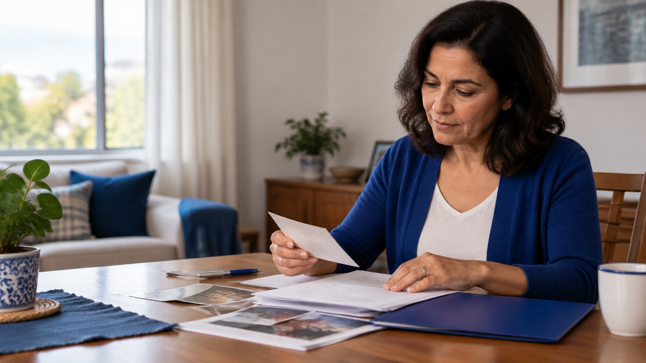 Pessoa organiza documentos e fotografias para comprovar uma união estável após o falecimento do companheiro.