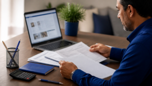Pessoa organizando documentos previdenciários e usando notebook para consultar serviços do INSS