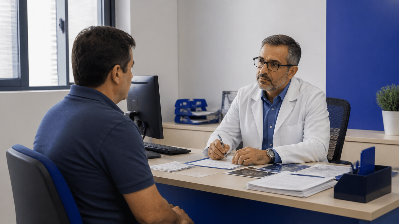Segurado em atendimento de perícia médica previdenciária com documentos organizados