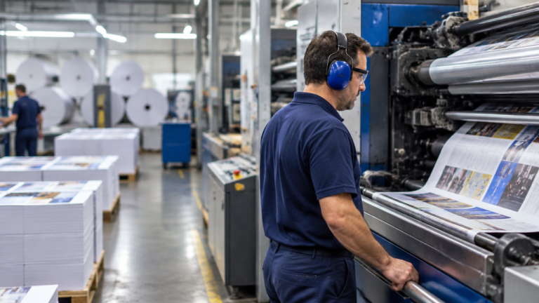 Trabalhador gráfico em uma máquina de impressão industrial, representando o tema da aposentadoria especial